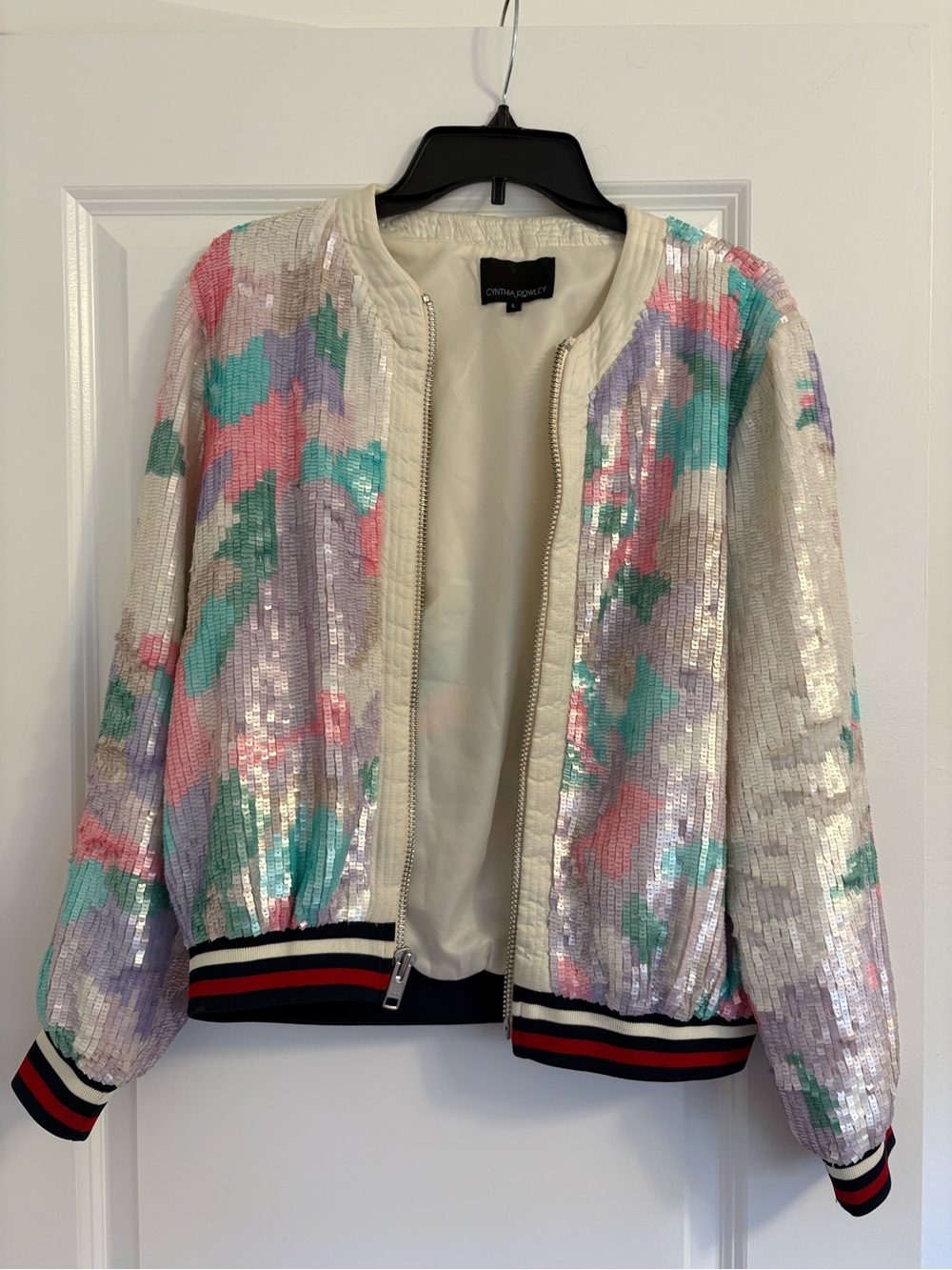 Cynthia Rowley Cream Sequin Bomber Jacket with Pastel Accents